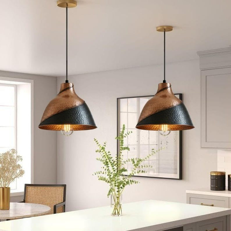 Handmade Two Tone Brass Pendant Light – Moroccan Copper & Black Hammered Dome Hanging Lamp for Kitchen Island, Dining Room & Modern Boho Home Décor