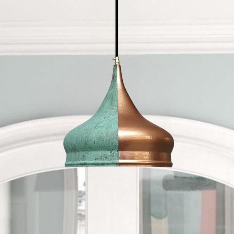 Handmade Two Tone Brass Pendant Light – Moroccan Onion Dome Pendant Lamp with Green Patina & Copper Brass Finish for Kitchen Island, Dining Room & Boho Home Décor