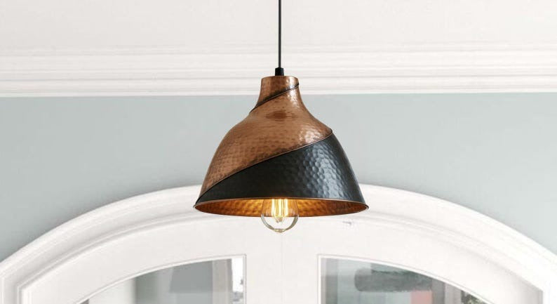 Handmade Two Tone Brass Pendant Light – Moroccan Copper & Black Hammered Dome Hanging Lamp for Kitchen Island, Dining Room & Modern Boho Home Décor