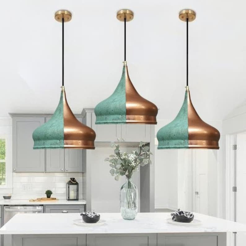 Handmade Two Tone Brass Pendant Light – Moroccan Onion Dome Pendant Lamp with Green Patina & Copper Brass Finish for Kitchen Island, Dining Room & Boho Home Décor