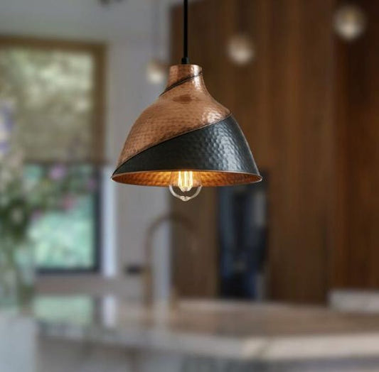 Handmade Two Tone Brass Pendant Light – Moroccan Copper & Black Hammered Dome Hanging Lamp for Kitchen Island, Dining Room & Modern Boho Home Décor