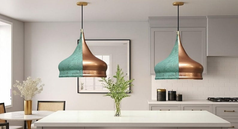 Handmade Two Tone Brass Pendant Light – Moroccan Onion Dome Pendant Lamp with Green Patina & Copper Brass Finish for Kitchen Island, Dining Room & Boho Home Décor