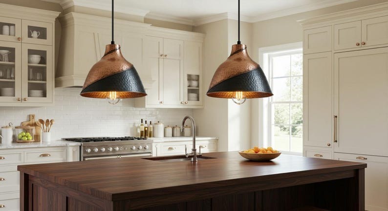 Handmade Two Tone Brass Pendant Light – Moroccan Copper & Black Hammered Dome Hanging Lamp for Kitchen Island, Dining Room & Modern Boho Home Décor