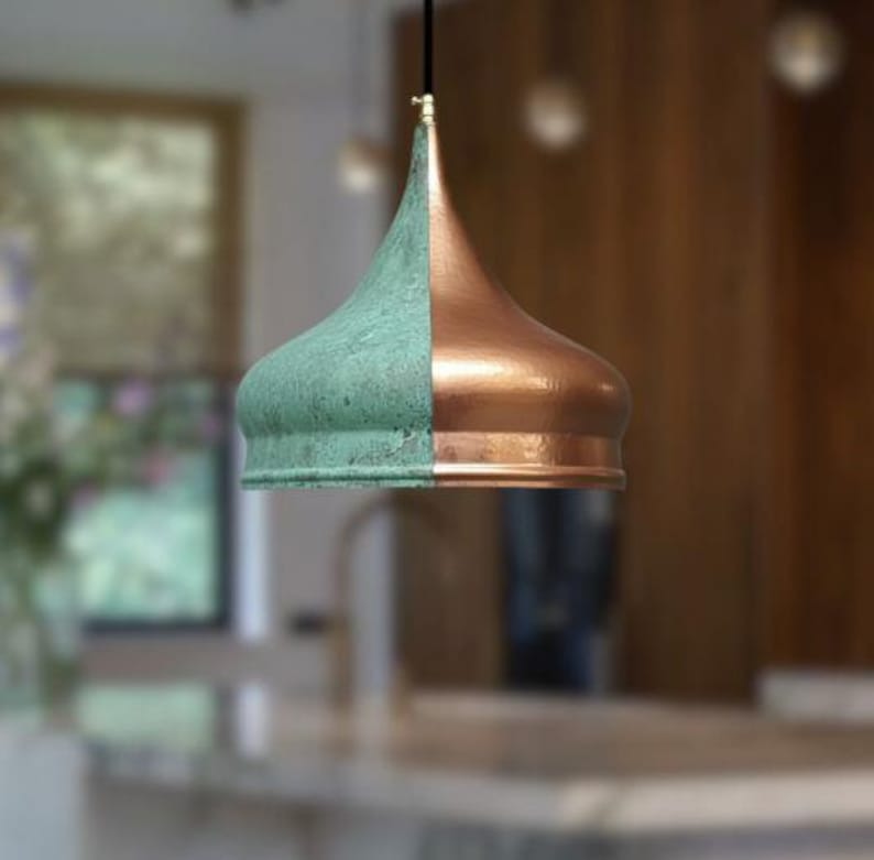 Handmade Two Tone Brass Pendant Light – Moroccan Onion Dome Pendant Lamp with Green Patina & Copper Brass Finish for Kitchen Island, Dining Room & Boho Home Décor