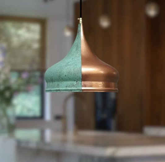 Handmade Two Tone Brass Pendant Light – Moroccan Onion Dome Pendant Lamp with Green Patina & Copper Brass Finish for Kitchen Island, Dining Room & Boho Home Décor