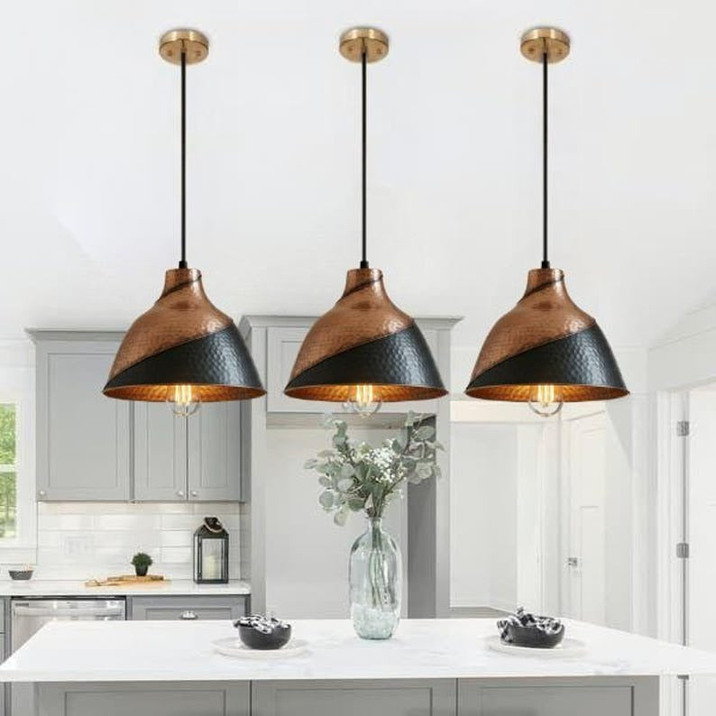 Handmade Two Tone Brass Pendant Light – Moroccan Copper & Black Hammered Dome Hanging Lamp for Kitchen Island, Dining Room & Modern Boho Home Décor