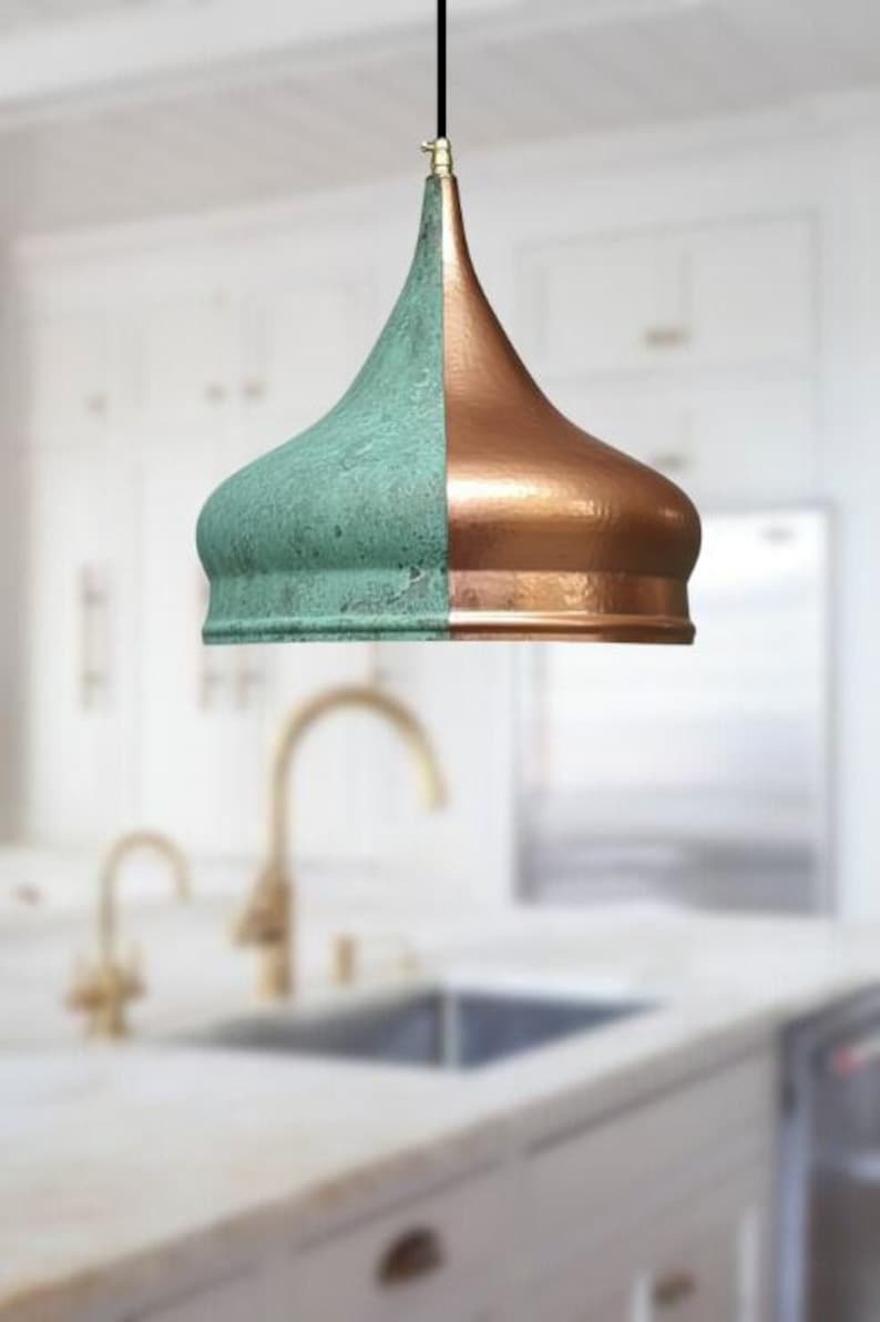 Handmade Two Tone Brass Pendant Light – Moroccan Onion Dome Pendant Lamp with Green Patina & Copper Brass Finish for Kitchen Island, Dining Room & Boho Home Décor