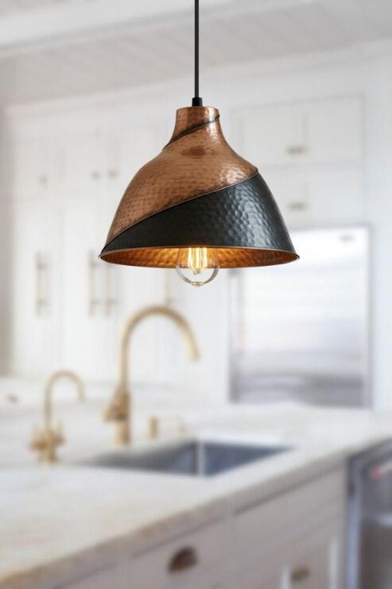 Handmade Two Tone Brass Pendant Light – Moroccan Copper & Black Hammered Dome Hanging Lamp for Kitchen Island, Dining Room & Modern Boho Home Décor