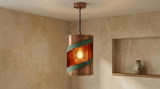 Handmade Brass Moroccan Cylinder Pendant Light – Copper Hammered Brass Hanging Lamp with Verdigris Green Patina Spiral Cutout, Rustic Boho Ceiling Fixture