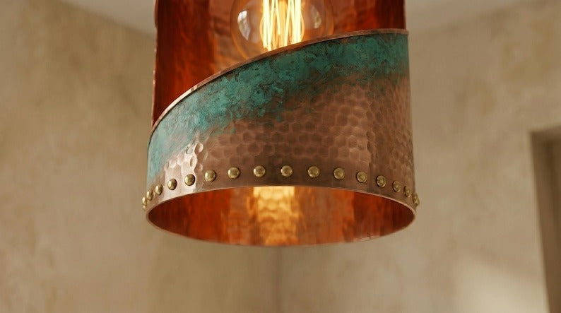 Handmade Brass Moroccan Cylinder Pendant Light – Copper Hammered Brass Hanging Lamp with Verdigris Green Patina Spiral Cutout, Rustic Boho Ceiling Fixture