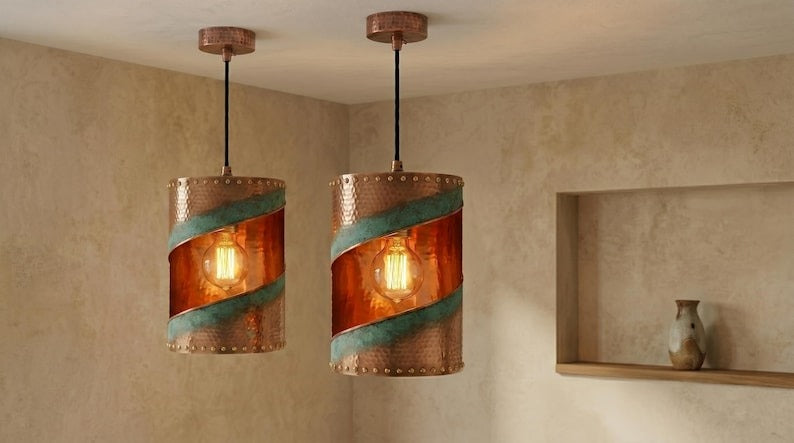 Handmade Brass Moroccan Cylinder Pendant Light – Copper Hammered Brass Hanging Lamp with Verdigris Green Patina Spiral Cutout, Rustic Boho Ceiling Fixture