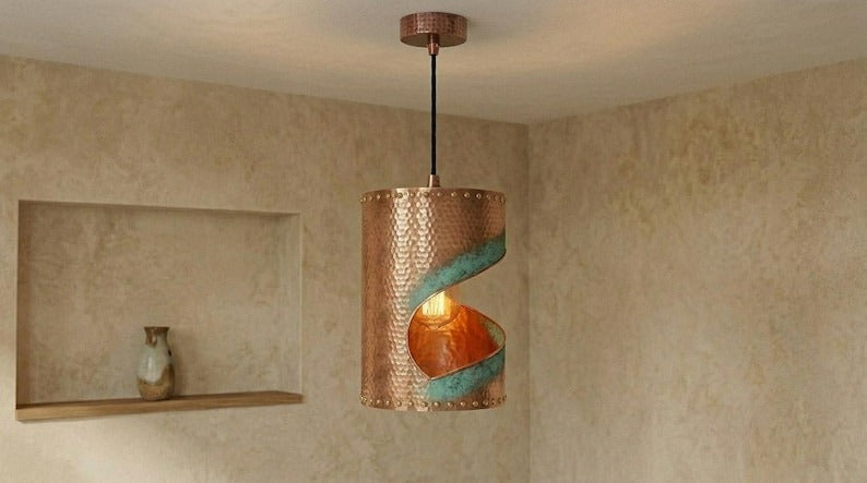 Handmade Brass Moroccan Cylinder Pendant Light – Copper Hammered Brass Hanging Lamp with Verdigris Green Patina Spiral Cutout, Rustic Boho Ceiling Fixture