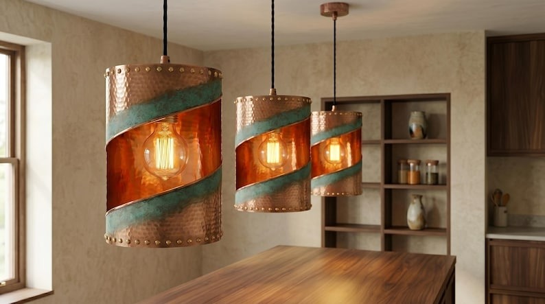 Handmade Brass Moroccan Cylinder Pendant Light – Copper Hammered Brass Hanging Lamp with Verdigris Green Patina Spiral Cutout, Rustic Boho Ceiling Fixture
