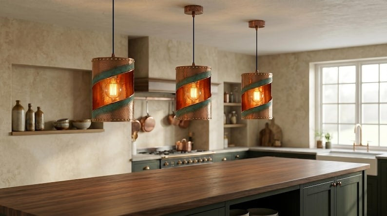 Handmade Brass Moroccan Cylinder Pendant Light – Copper Hammered Brass Hanging Lamp with Verdigris Green Patina Spiral Cutout, Rustic Boho Ceiling Fixture