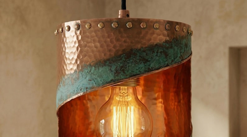 Handmade Brass Moroccan Cylinder Pendant Light – Copper Hammered Brass Hanging Lamp with Verdigris Green Patina Spiral Cutout, Rustic Boho Ceiling Fixture