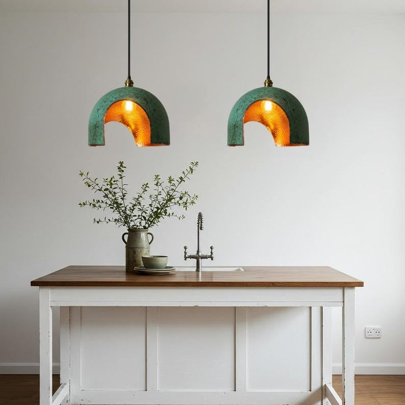 Handmade Moroccan Brass Pendant Light – Verdigris Arch Dome Ceiling Lamp with Hammered Copper Interior, Open Cutout Design & Warm Artisan Glow