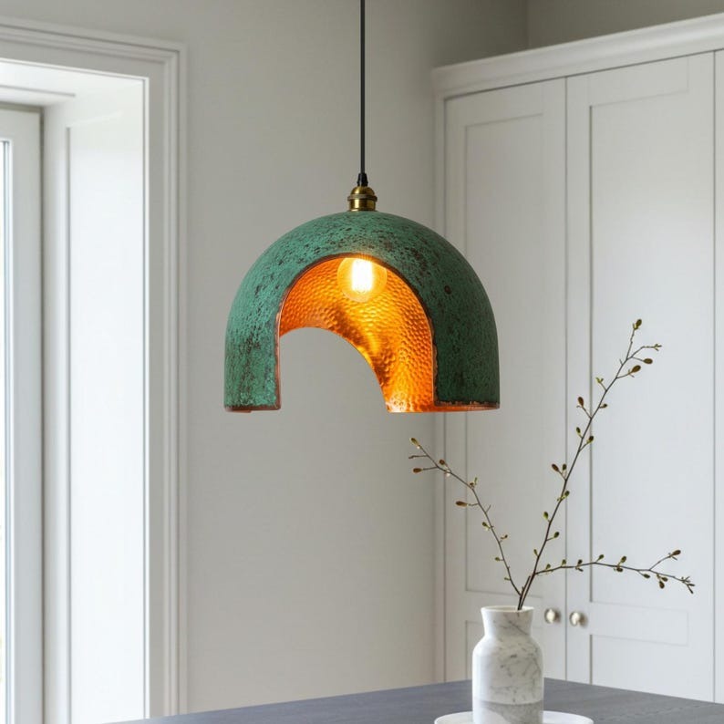 Handmade Moroccan Brass Pendant Light – Verdigris Arch Dome Ceiling Lamp with Hammered Copper Interior, Open Cutout Design & Warm Artisan Glow