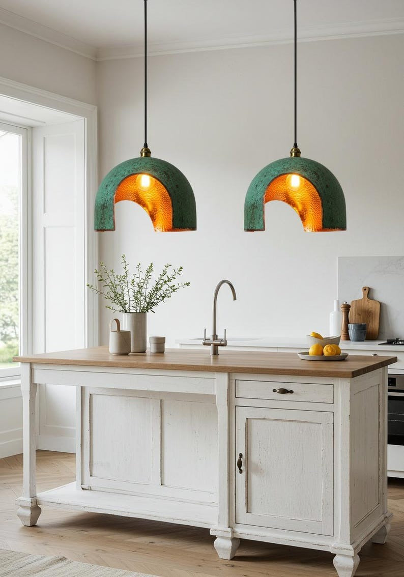Handmade Moroccan Brass Pendant Light – Verdigris Arch Dome Ceiling Lamp with Hammered Copper Interior, Open Cutout Design & Warm Artisan Glow