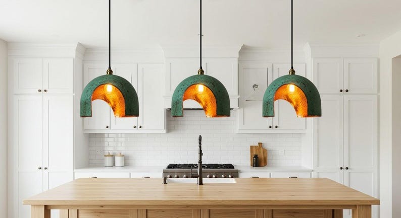 Handmade Moroccan Brass Pendant Light – Verdigris Arch Dome Ceiling Lamp with Hammered Copper Interior, Open Cutout Design & Warm Artisan Glow