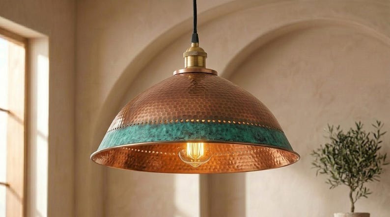 Handmade Moroccan Brass Pendant Light – Hammered Copper Dome with Turquoise Verdigris Band, Rustic Kitchen Island Ceiling Fixture