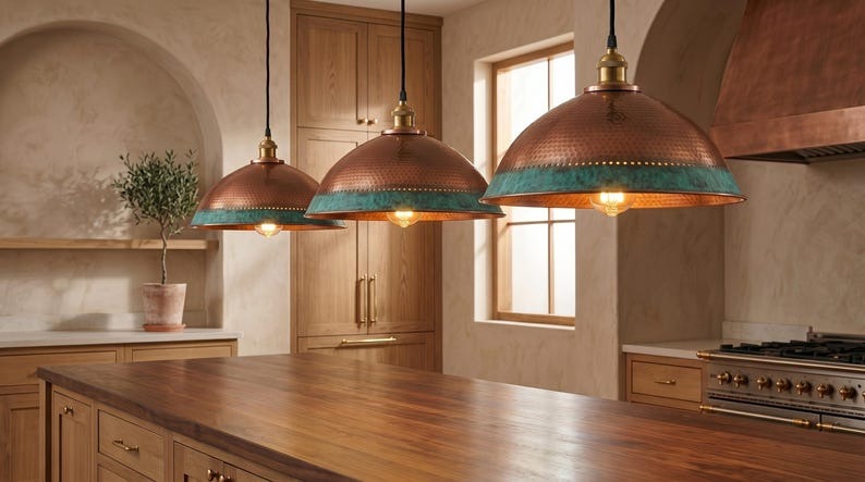 Handmade Moroccan Brass Pendant Light – Hammered Copper Dome with Turquoise Verdigris Band, Rustic Kitchen Island Ceiling Fixture