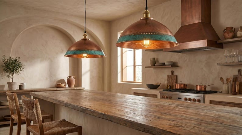 Handmade Moroccan Brass Pendant Light – Hammered Copper Dome with Turquoise Verdigris Band, Rustic Kitchen Island Ceiling Fixture