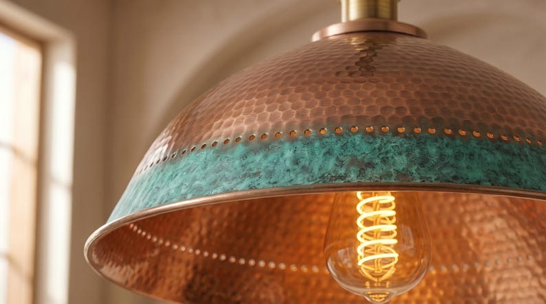 Handmade Moroccan Brass Pendant Light – Hammered Copper Dome with Turquoise Verdigris Band, Rustic Kitchen Island Ceiling Fixture