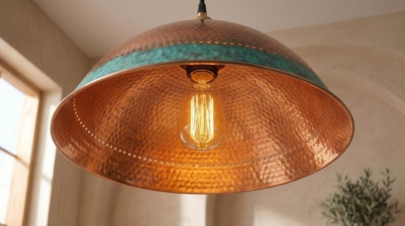 Handmade Moroccan Brass Pendant Light – Hammered Copper Dome with Turquoise Verdigris Band, Rustic Kitchen Island Ceiling Fixture