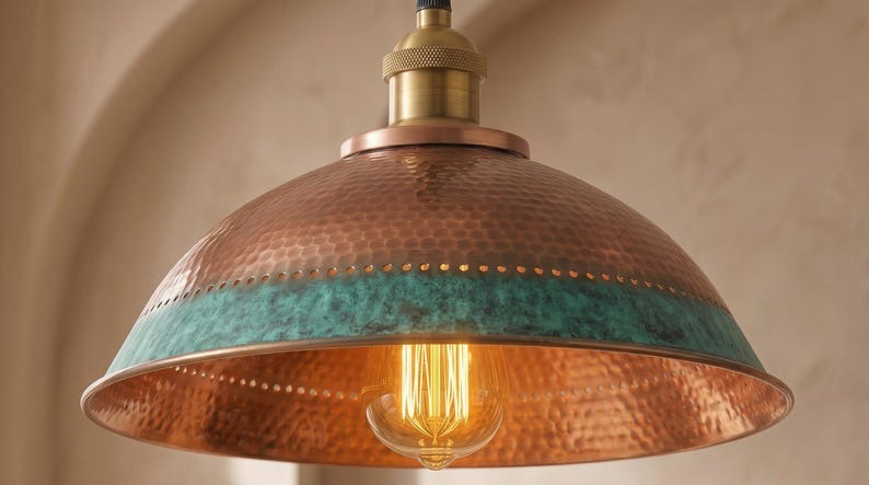Handmade Moroccan Brass Pendant Light – Hammered Copper Dome with Turquoise Verdigris Band, Rustic Kitchen Island Ceiling Fixture