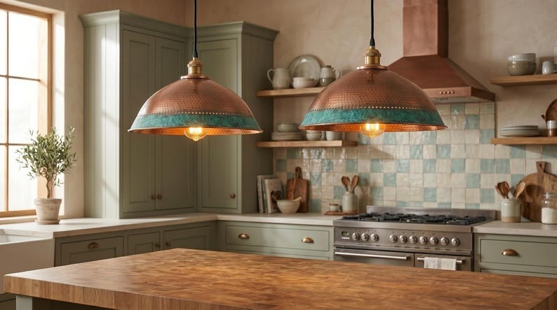 Handmade Moroccan Brass Pendant Light – Hammered Copper Dome with Turquoise Verdigris Band, Rustic Kitchen Island Ceiling Fixture