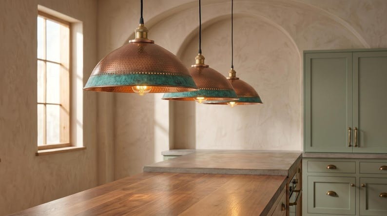 Handmade Moroccan Brass Pendant Light – Hammered Copper Dome with Turquoise Verdigris Band, Rustic Kitchen Island Ceiling Fixture