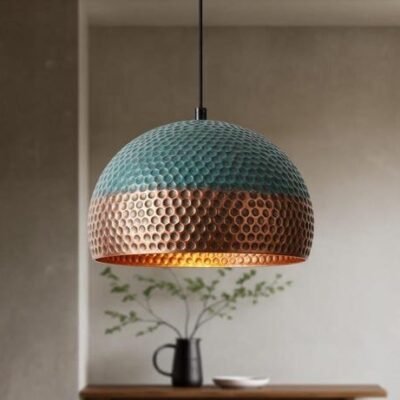 Two-Tone Hammered Copper and Turquoise Patina Dome Pendant Light, Handmade Moroccan Copper Kitchen Island Chandelier, Rustic Boho Farmhouse Hanging Ceiling Light Fixture