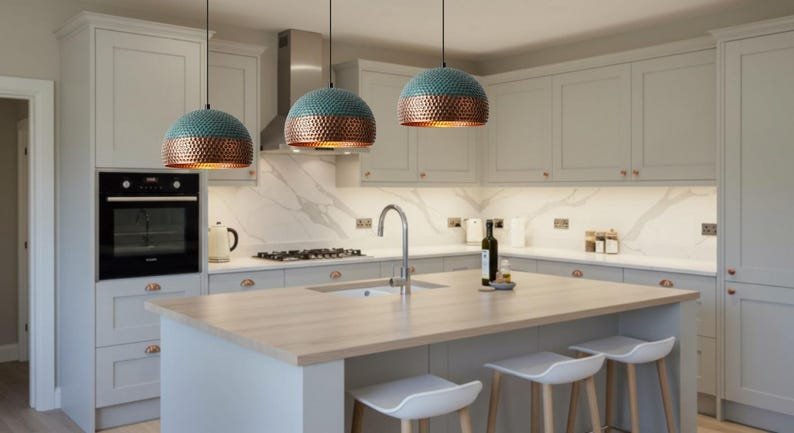 Two-Tone Hammered Copper and Turquoise Patina Dome Pendant Light, Handmade Moroccan Copper Kitchen Island Chandelier, Rustic Boho Farmhouse Hanging Ceiling Light Fixture