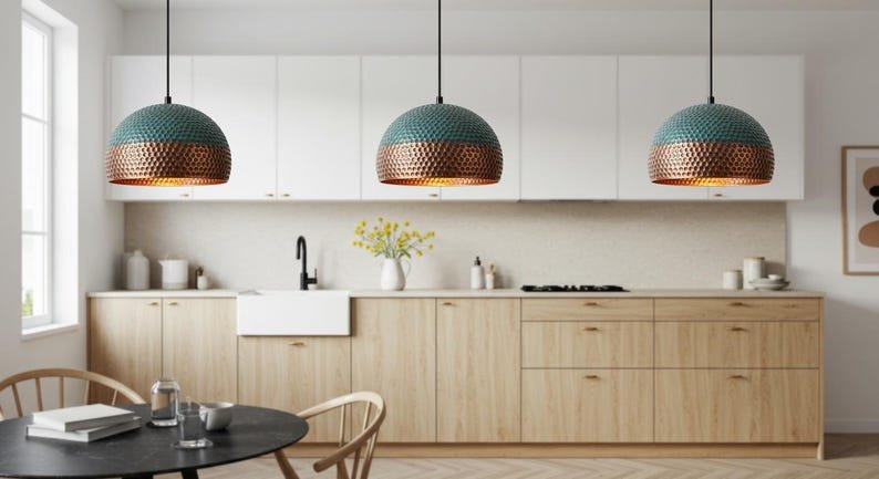 Two-Tone Hammered Copper and Turquoise Patina Dome Pendant Light, Handmade Moroccan Copper Kitchen Island Chandelier, Rustic Boho Farmhouse Hanging Ceiling Light Fixture