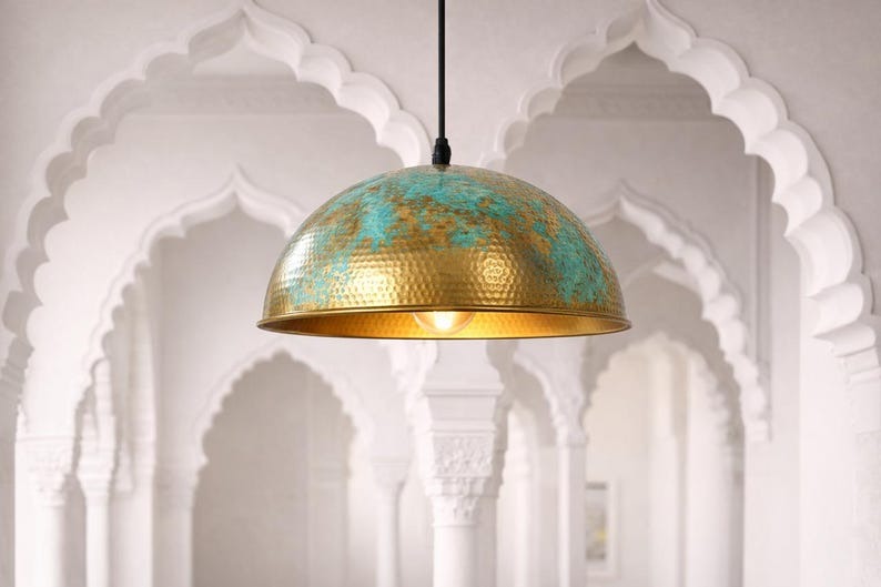 Verdigris Brass Dome Pendant Light – Turquoise & Gold Moroccan Kitchen Island Chandelier