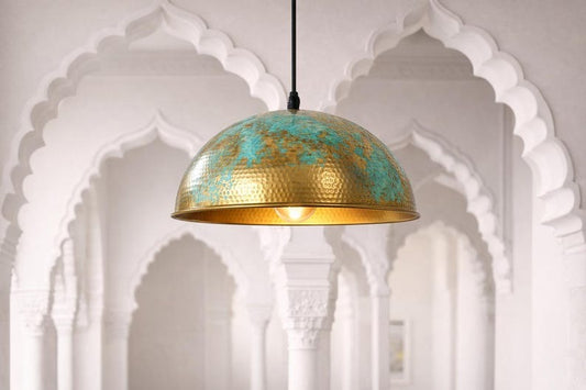 Verdigris Brass Dome Pendant Light – Turquoise & Gold Moroccan Kitchen Island Chandelier