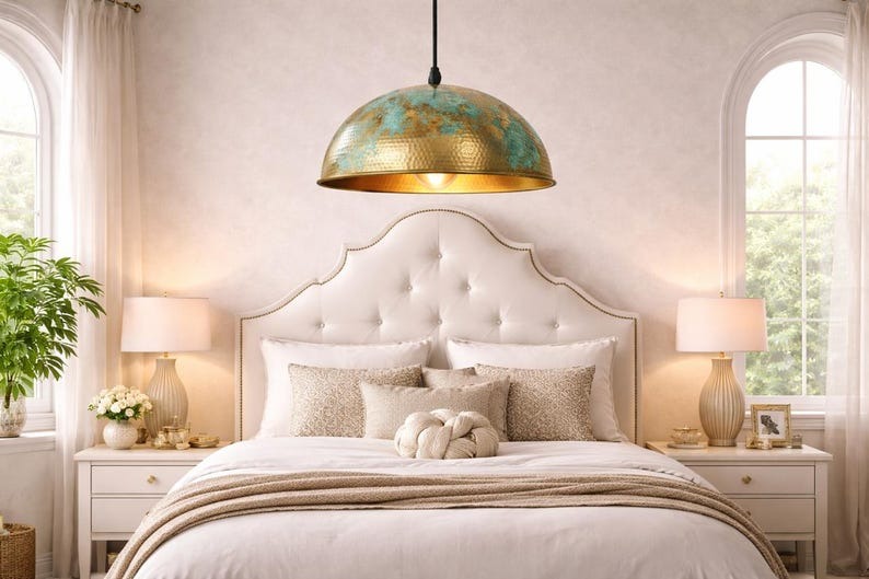 Verdigris Brass Dome Pendant Light – Turquoise & Gold Moroccan Kitchen Island Chandelier