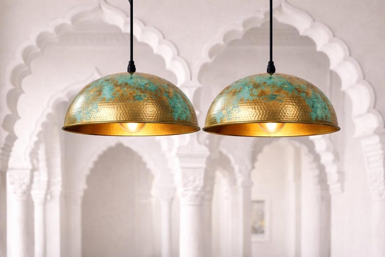 Verdigris Brass Dome Pendant Light – Turquoise & Gold Moroccan Kitchen Island Chandelier