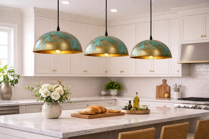Verdigris Brass Dome Pendant Light – Turquoise & Gold Moroccan Kitchen Island Chandelier