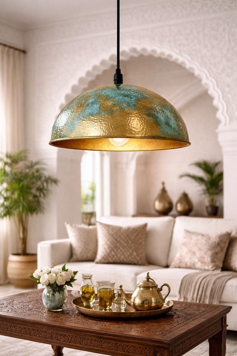 Verdigris Brass Dome Pendant Light – Turquoise & Gold Moroccan Kitchen Island Chandelier