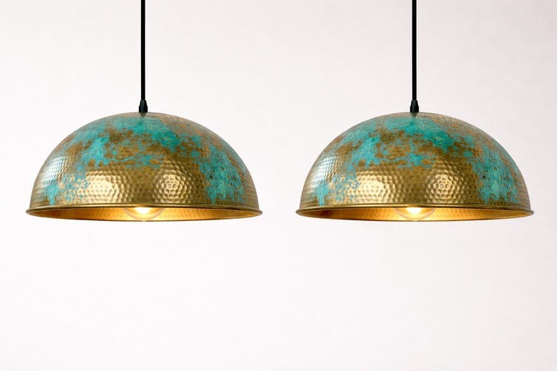 Verdigris Brass Dome Pendant Light – Turquoise & Gold Moroccan Kitchen Island Chandelier