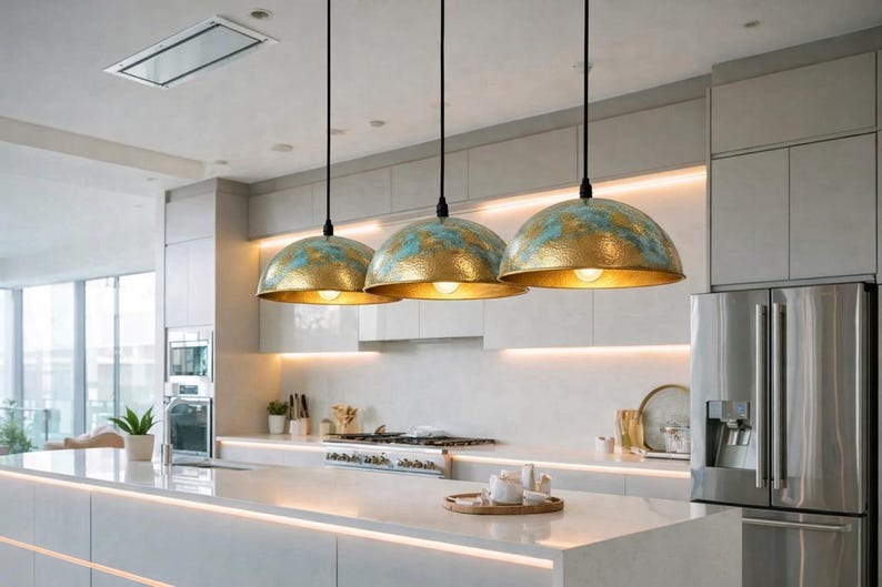 Verdigris Brass Dome Pendant Light – Turquoise & Gold Moroccan Kitchen Island Chandelier
