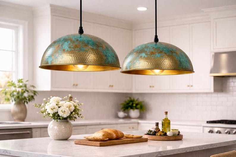Verdigris Brass Dome Pendant Light – Turquoise & Gold Moroccan Kitchen Island Chandelier