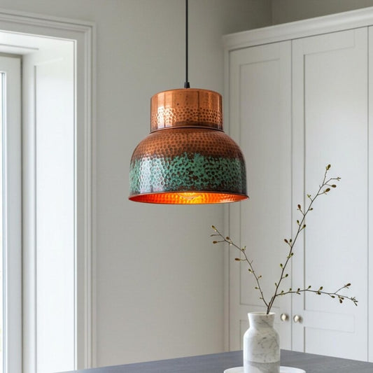 Hammered Verdigris Brass Pendant Light – Copper & Turquoise Drum Kitchen Island Chandelier