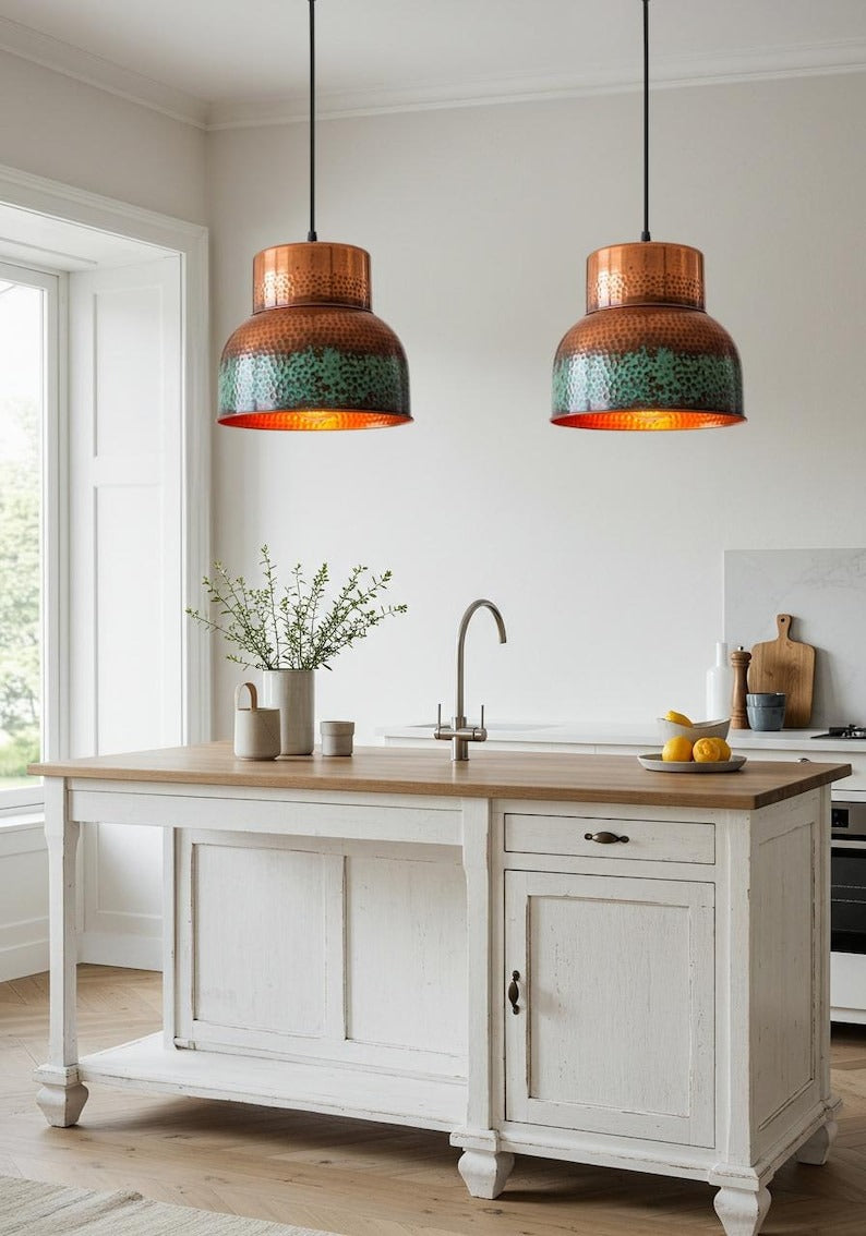 Hammered Verdigris Brass Pendant Light – Copper & Turquoise Drum Kitchen Island Chandelier