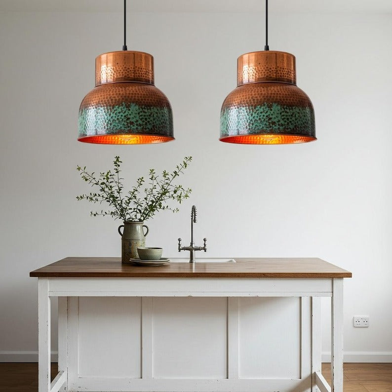 Hammered Verdigris Brass Pendant Light – Copper & Turquoise Drum Kitchen Island Chandelier
