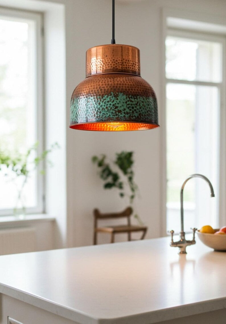 Hammered Verdigris Brass Pendant Light – Copper & Turquoise Drum Kitchen Island Chandelier