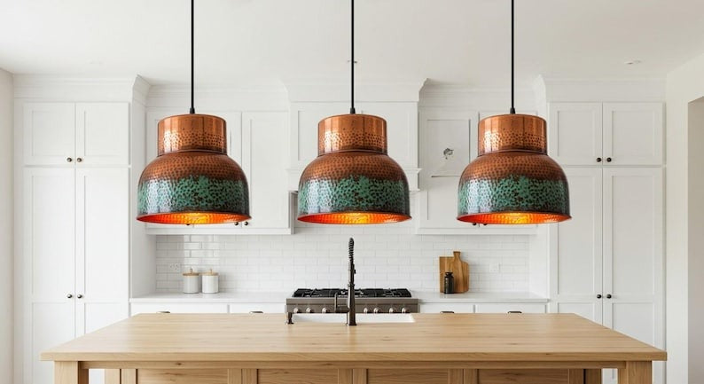 Hammered Verdigris Brass Pendant Light – Copper & Turquoise Drum Kitchen Island Chandelier