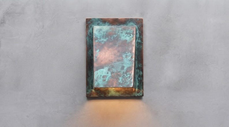 Handmade Verdigris Brass Wall Sconce – Rectangular Copper Patina Flush-Mount Wall Light for Hallway, Bedroom, Bathroom, Entryway and Modern Rustic Décor