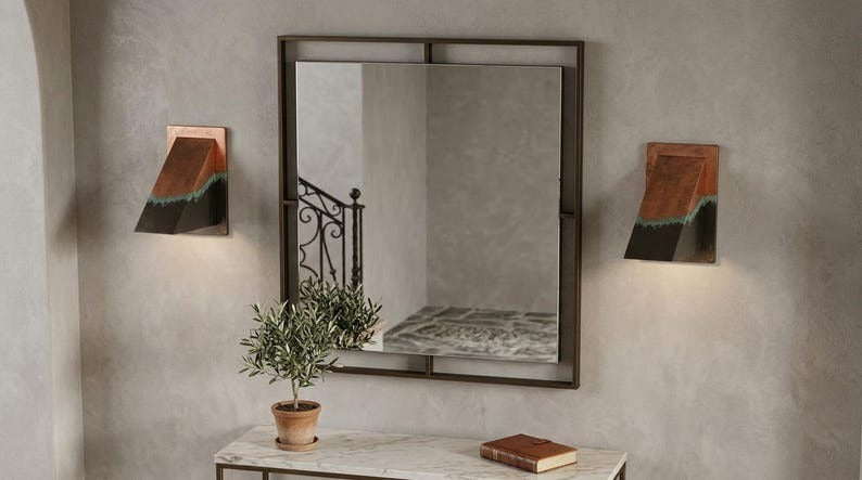 Handmade Verdigris Brass Wall Sconce – Rectangular Copper Patina Flush-Mount Wall Light for Hallway, Bedroom, Bathroom, Entryway and Modern Rustic Décor
